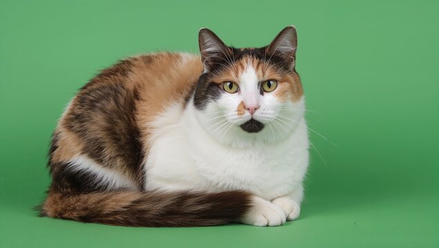 Calico Cat Sitting on a Green Background with Relaxed Expression