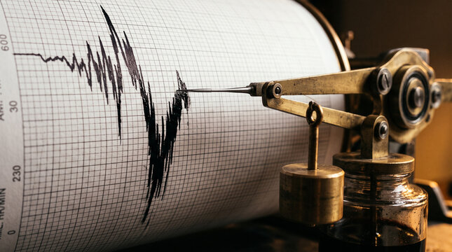 Vintage seismograph recording strong seismic activity on paper drum