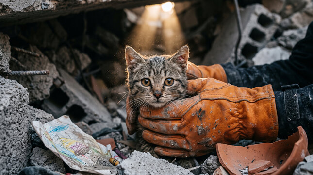 Rescue worker holding a small kitten in orange gloves amidst earthquake rubble