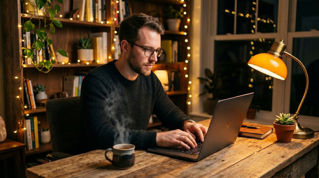 Man working on laptop at cozy home office desk with warm lamp light at night