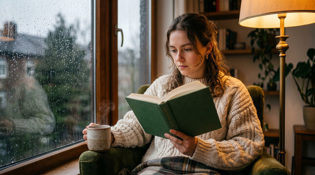Woman reading book with mug by rainy window in cozy armchair