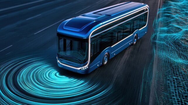 3D render of a modern blue autonomous electric bus driving on a highway at night, surrounded by digital radar waves and network mesh graphics.