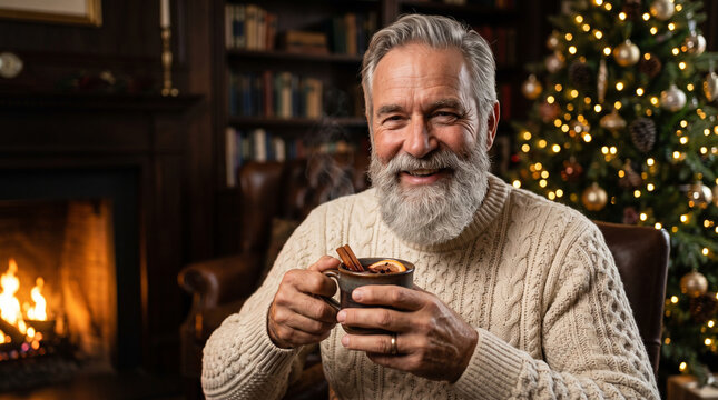 Smiling senior man with gray beard holding hot drink near christmas tree and fireplace