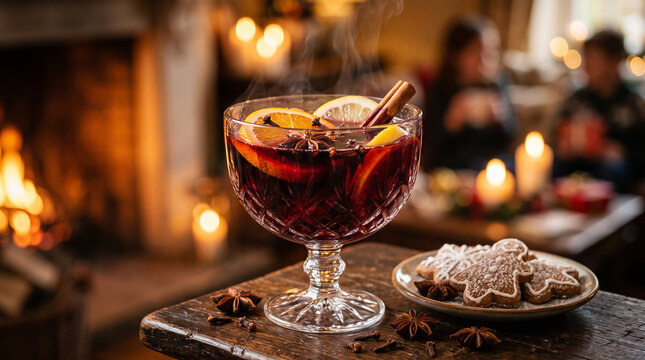 Hot mulled wine in crystal glass with gingerbread cookies on wooden table