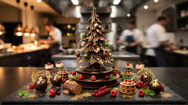 Chocolate christmas tree centerpiece with desserts and berries on slate in professional kitchen