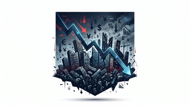 Global financial crisis illustration showing a plunging arrow over a collapsing city skyline with currency symbols.