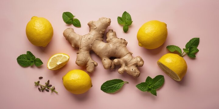 Fresh Ginger Root Lemons and Mint Leaves on Pastel Pink Background
