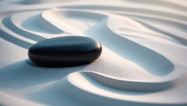 Black Stone Resting on White Sand Waves in Soft Natural Light