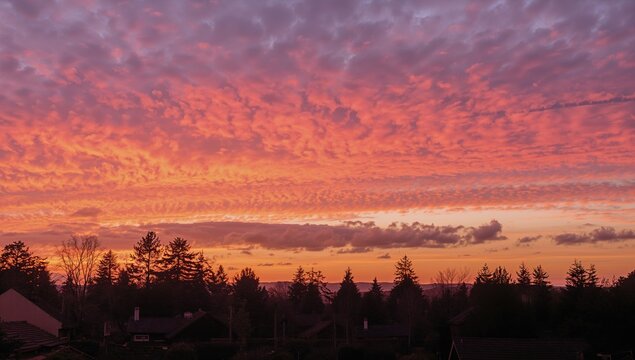 Vibrant Sunset Sky with Colorful Clouds Over Silhouetted Trees