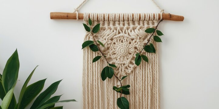 Macrame Wall Hanging with Botanical Accents on a Neutral Background