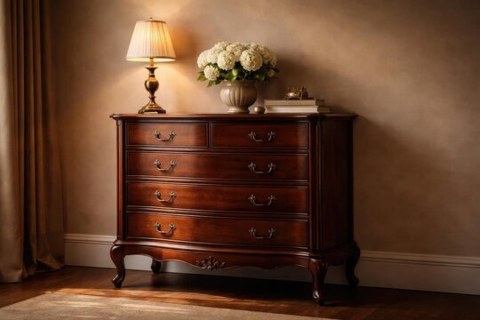 Elegant Wooden Drawer Chest with Decorative Lamp and Floral Arrangement in Cozy Interior Light