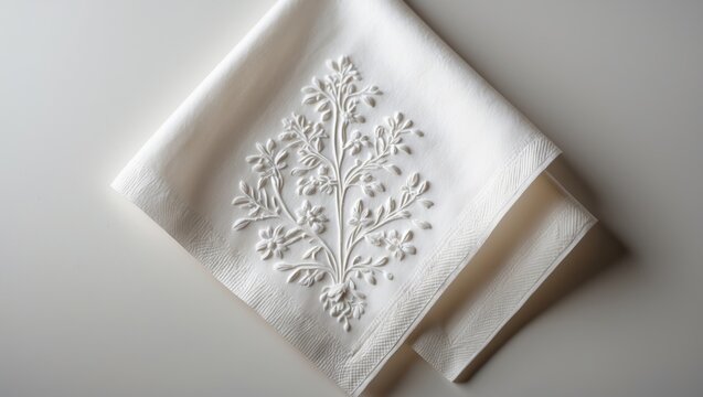 Embroidered White Napkin with Floral Design on a Light Background