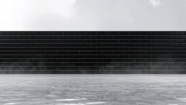 Black Brick Wall with Mist on a Marble Floor Under Soft Light