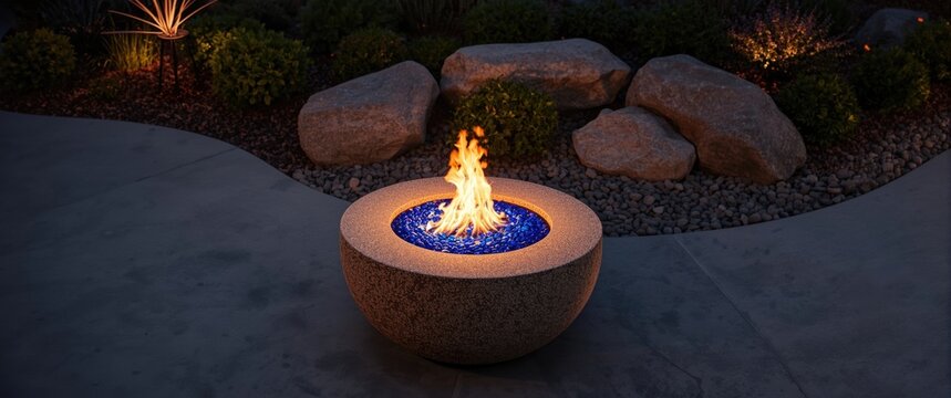 Modern Fire Pit with Blue Glass Stones in a Landscaped Garden at Night