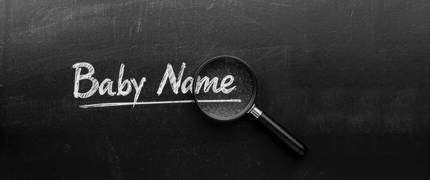 Magnifying Glass Over Chalkboard Writing Baby Name in Monochrome Style