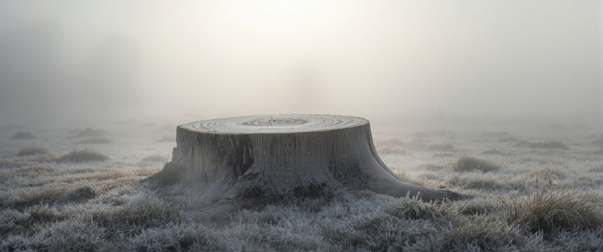 Frost-Covered Tree Stump in a Misty Landscape at Dawn
