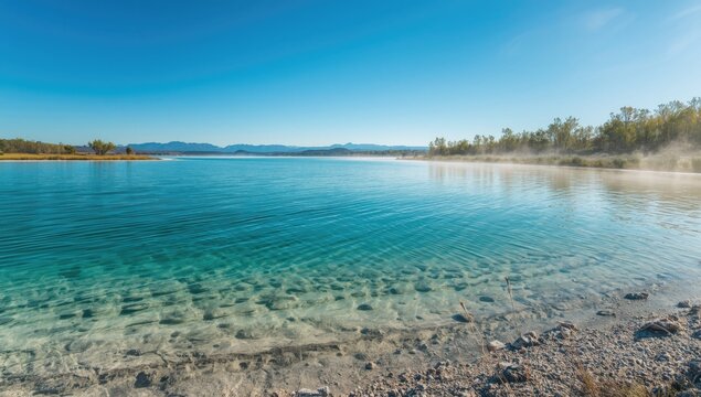 Clear Blue Lake with Mist Rising Under a Bright Sky