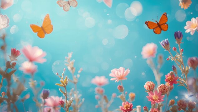 Colorful Butterflies Flying Among Blooming Flowers in a Soft Focus Background