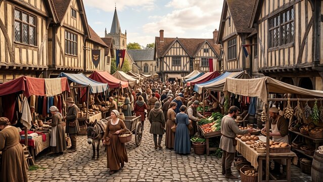 Busy Medieval Marketplace Scene with Vendors and Shoppers