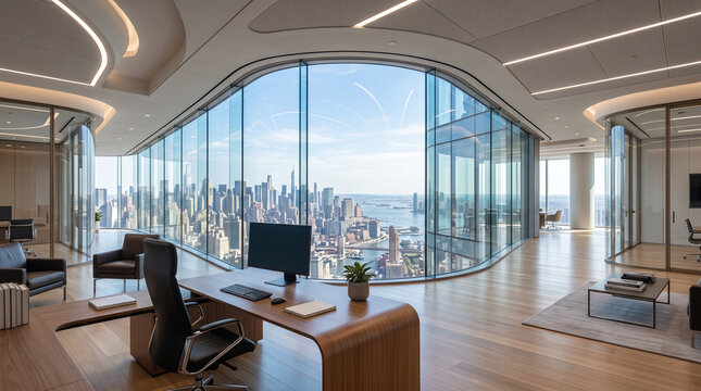 Modern luxury office with panoramic city skyline view. High-end corporate workspace featuring floor-to-ceiling windows and executive furniture.