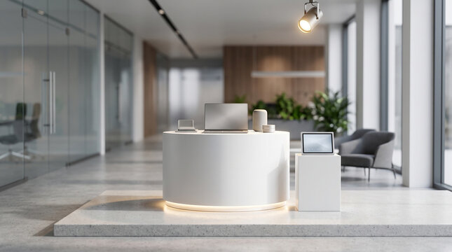 Modern corporate podium on white stage for presentations. Sleek minimalist speaker stand in bright office conference room.