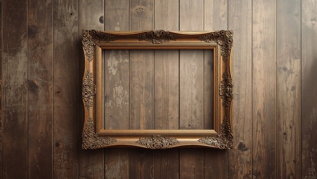 Vintage Ornate Picture Frame Against a Wooden Wall Background