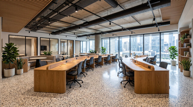 Modern open-plan office with curved wooden desks and large windows. Contemporary workspace featuring ergonomic furniture and natural lighting for p...