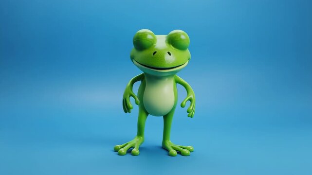 Animated Frog Character Dancing with Joyful Steps on a Blue Studio Background