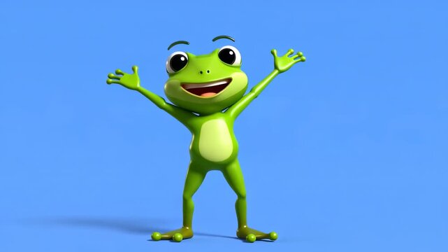 Animated frog dancing happily with joyful movements against a clean blue background in a fun cartoon style