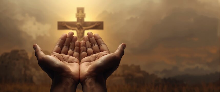 Hands Raised in Prayer with Cross Silhouette Against Dramatic Clouds