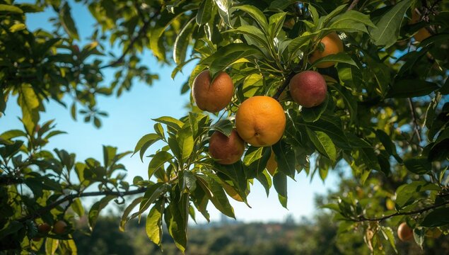 Ripening Fruits on a Tree Branch Against a Clear Blue Sky