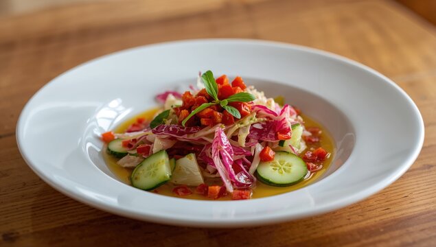 Colorful Salad with Cabbage and Cucumbers on White Plate in Natural Light