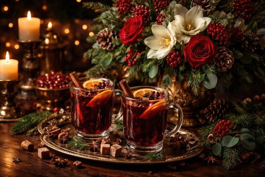 Festive Mulled Wine in Glass Mugs with Cinnamon and Citrus Slices Surrounded by Holiday Decor