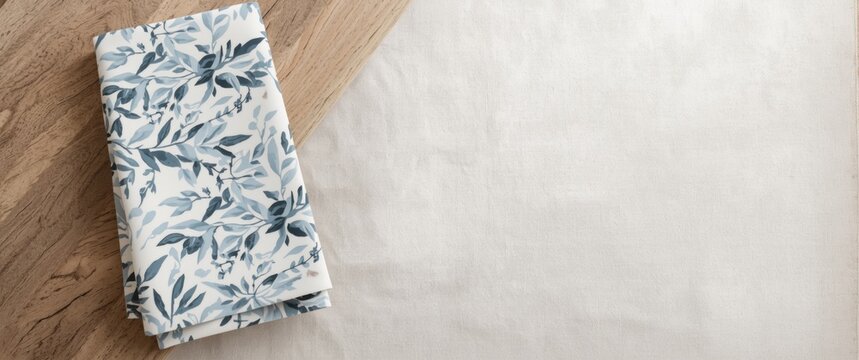 Floral Fabric Napkin Folded on a Light Wooden Surface with Neutral Background