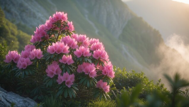 Blooming Pink Rhododendron Flowers in a Mountain Landscape at Sunrise