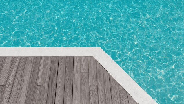 Swimming Pool Water Surface Glimmering Under Bright Sunlight by Wooden Deck Edge