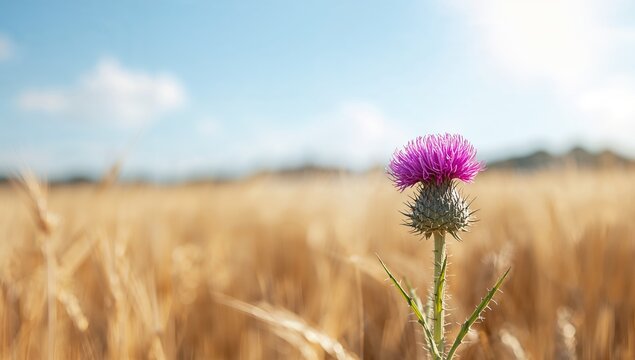 Thistle Flower Blooming in a Wheat Field Under Clear Blue Sky