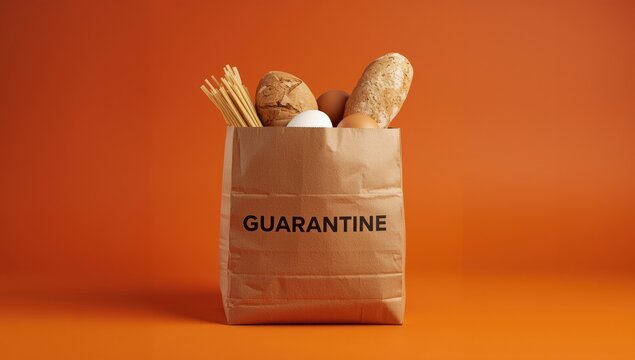 Grocery Bag Filled with Bread Eggs and Pasta on an Orange Background