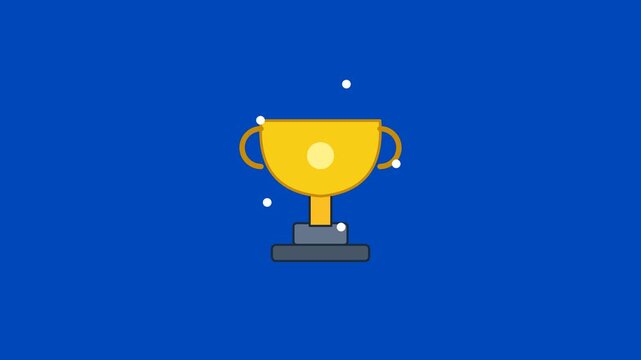 Flat style animated icons of a graduation cap with diploma and a golden winner trophy cup on a blue background representing education success and achievement