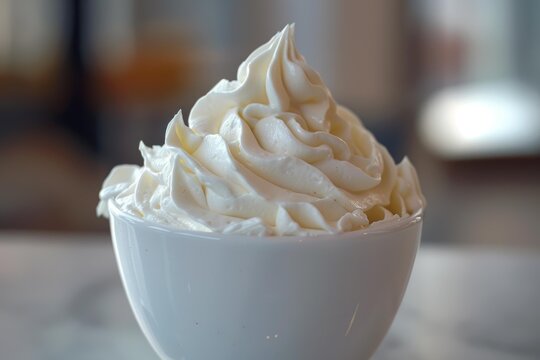Creamy swirl of whipped cream in a white bowl on a table