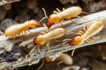 Fototapeta premium Detailed view of termites on timber highlighting their unique characteristics and natural environment