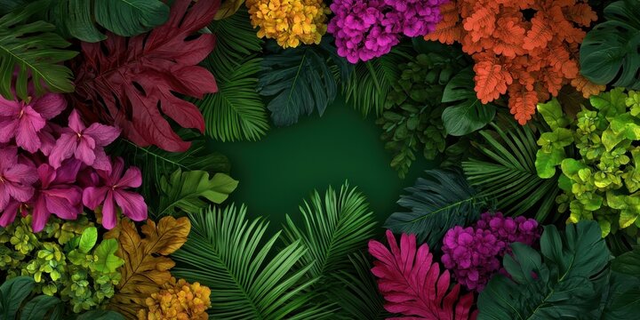Vibrant tropical foliage frame with colorful flowers and lush green leaves for nature themed designs