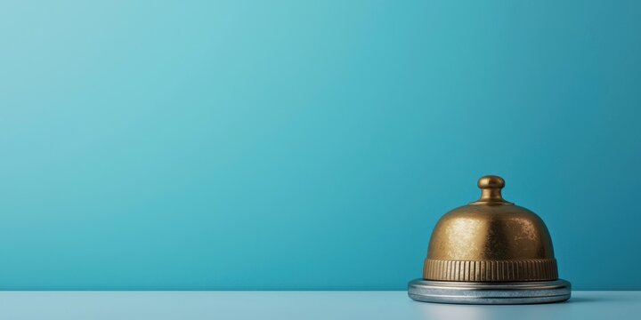 Stylish brass bell displayed on a clean surface with a soothing blue backdrop