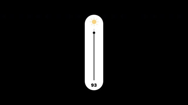 Screen brightness adjustment bar with increasing number from 0 to fully light brightness and sun or light icon, indicator bar brightness control slider animation on transparent background, 4k video