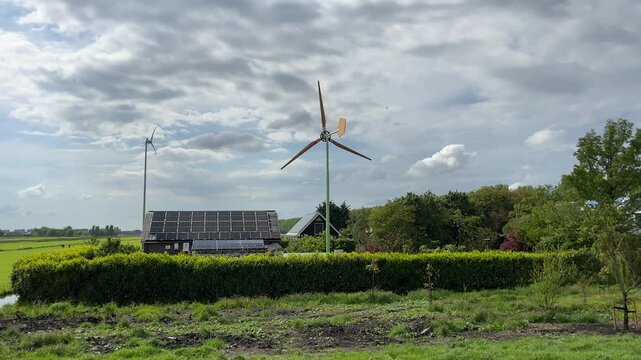 Amsterdan Forest, Wind turbine showing visible action, in open field with grass and trees, with wind turbine, solar panels, from a eye-level perspective perspective, with green, blue accents, with