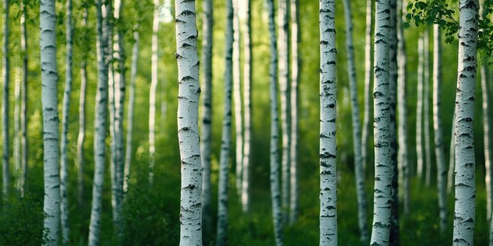 Peaceful forest landscape featuring vibrant green birch trees illuminated by soft natural light