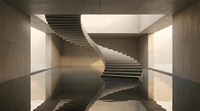 Minimalist spiral staircase over reflecting pool