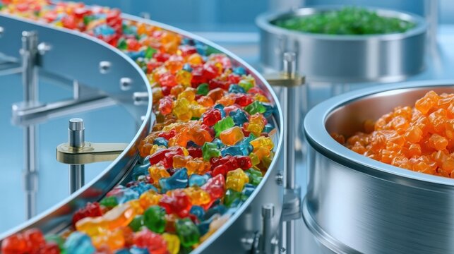 Colorful gummy candies moving along a stainless steel conveyor belt in a candy factory