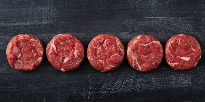 Raw Ground Beef Patties Arranged on a Dark Surface in Top View