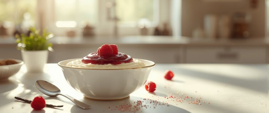 Delicious Dessert Bowl with Raspberry Topping in Bright Kitchen Light
